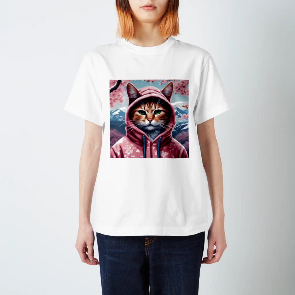 オシャンな動物達^_^の桜舞うなかオシャン猫 티셔츠
