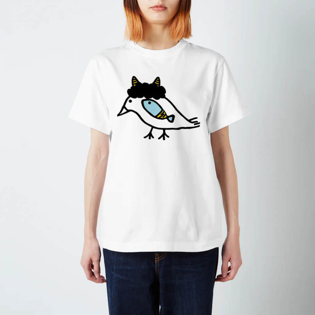 あおだま雑貨店の鳥と魚のねこぜちゃん(おにねこぜちゃん)*おおきめデザイン スタンダードTシャツ