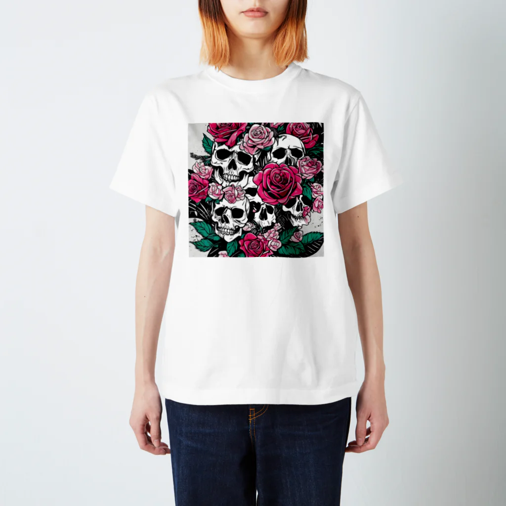 ピンクリボンの薔薇髑髏01 スタンダードTシャツ