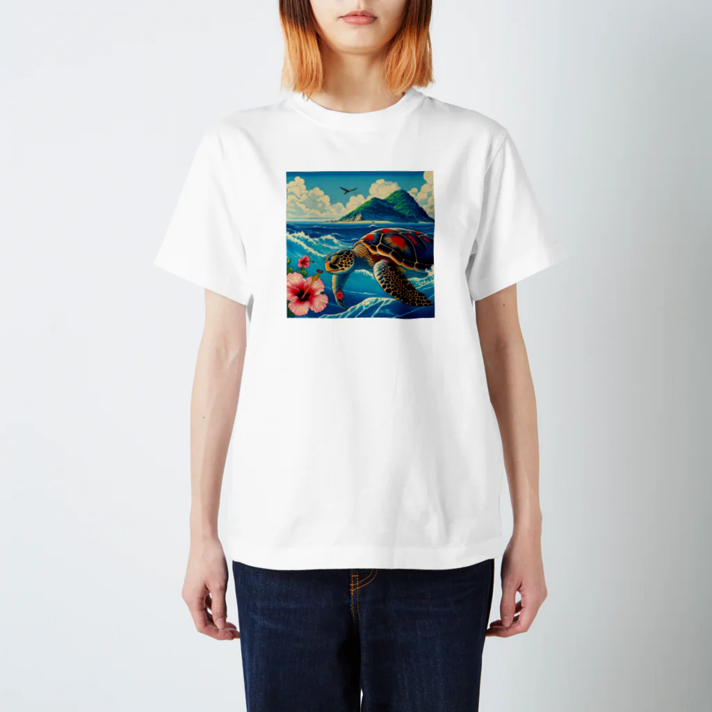 日本の風景 COOL JAPANの日本の風景:荒波にもまれる海がめ、Japanese scenery: Sea turtle caught in rough waves Regular Fit T-Shirt