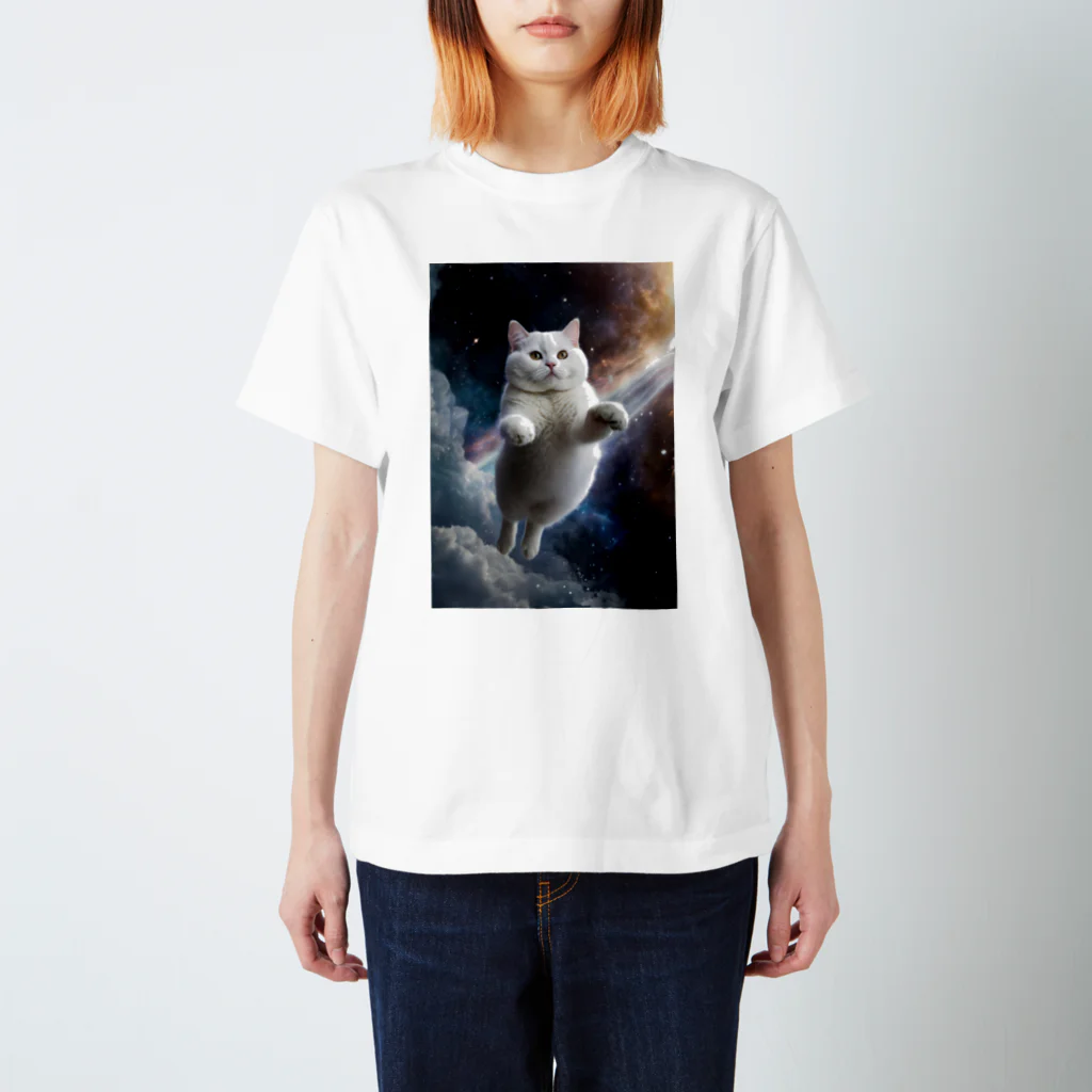 宇宙猫グッズ多数! ねこねこ製作所の【 宇宙猫 】夢見る白猫ver スタンダードTシャツ