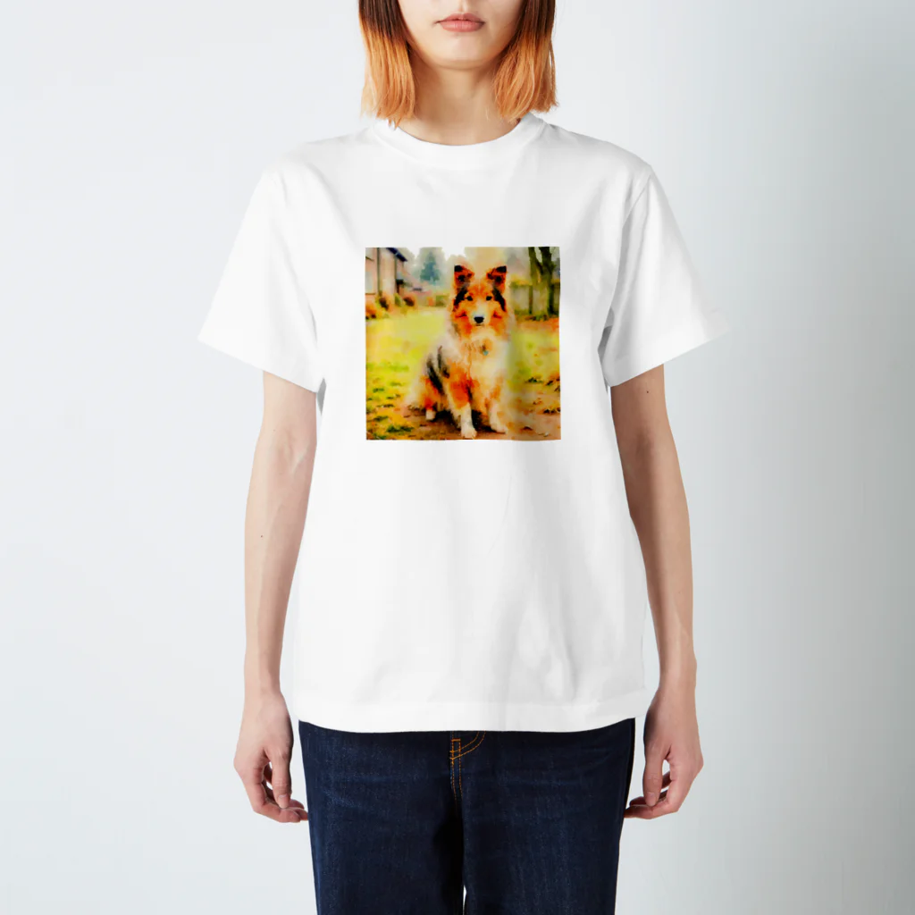 犬好きのしましまのレトロな犬の水彩画/シェットランド・シープドッグのヴィンテージ風イラスト Regular Fit T-Shirt