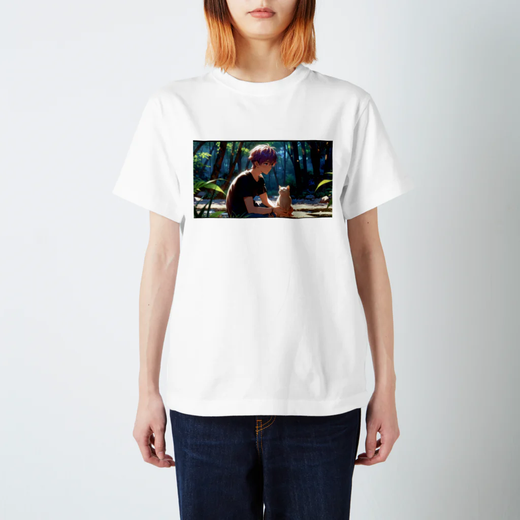 Happy-catの森の中の少年と猫 Regular Fit T-Shirt