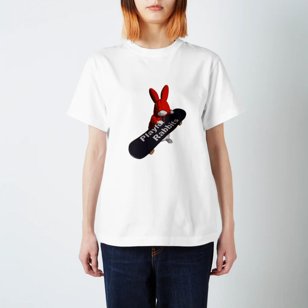 鬼鞍 ONIKURAのPlayful Rabbits レッド スタンダードTシャツ