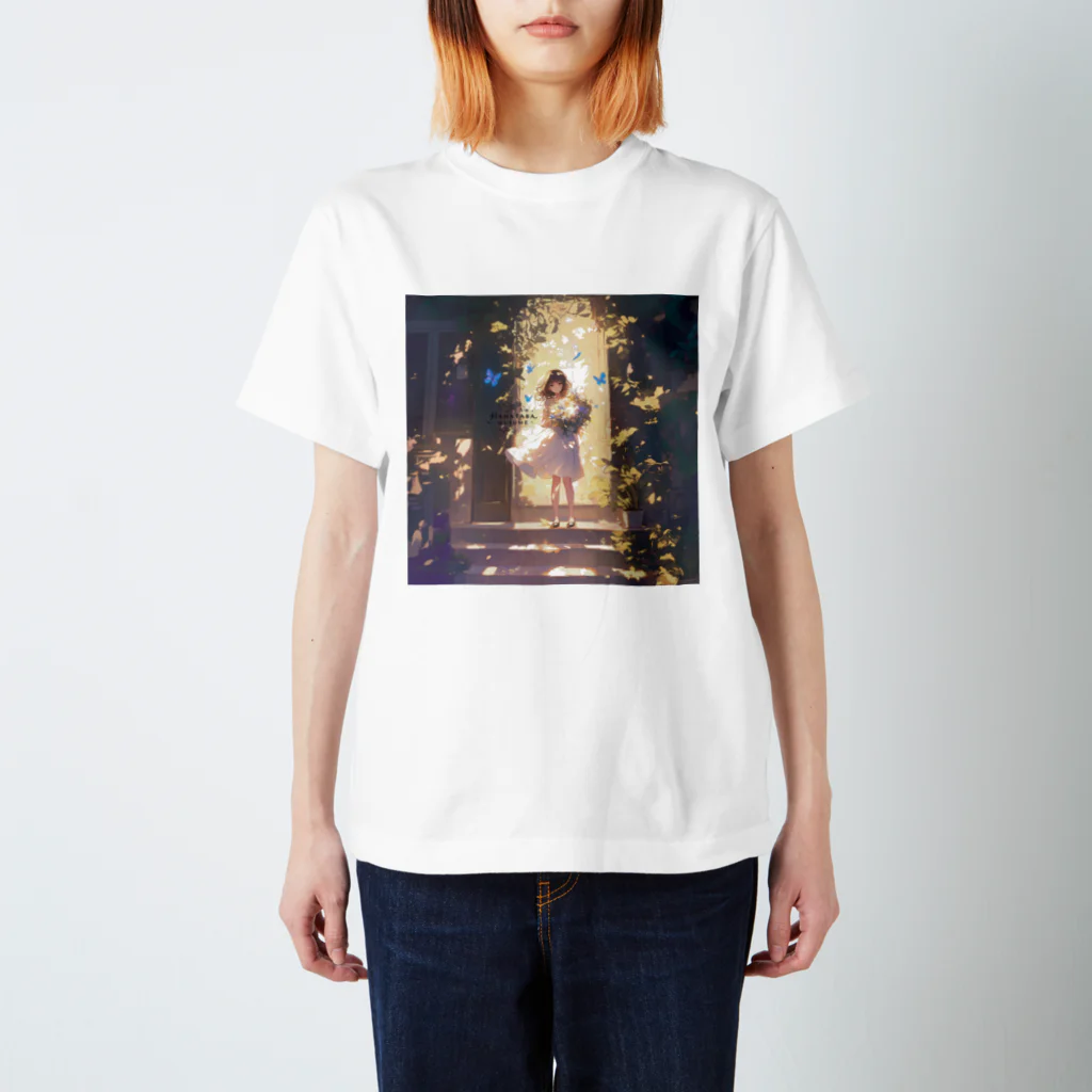 花束娘のThe Girl in the Light with Blue Butterflies in the Garden スタンダードTシャツ