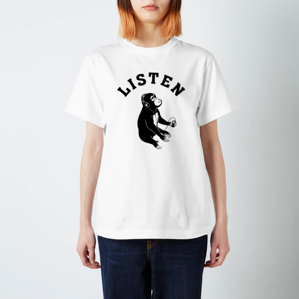 AliviostaのListen ミュージックモンキー 猿 動物イラストアーチロゴ スタンダードTシャツ