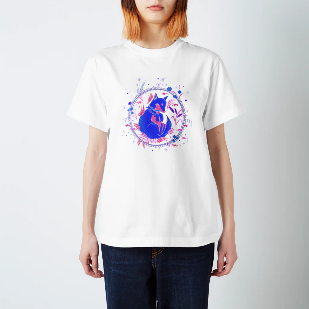 たかはし あいさのキツネ犬のお昼寝(blue) スタンダードTシャツ