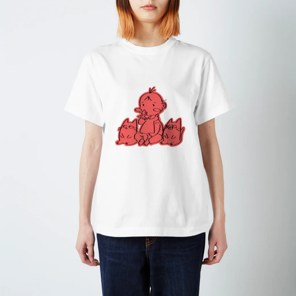 nemonemonemoのBABY & CATS IN RED (SITTING) Regular Fit T-Shirt