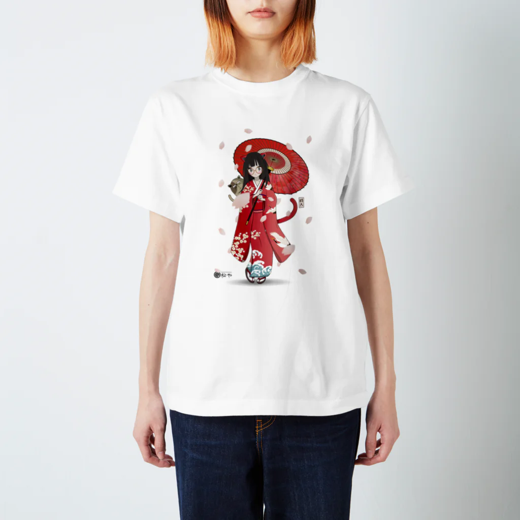 松や SUZURI店の桜吹雪と猫六 スタンダードTシャツ