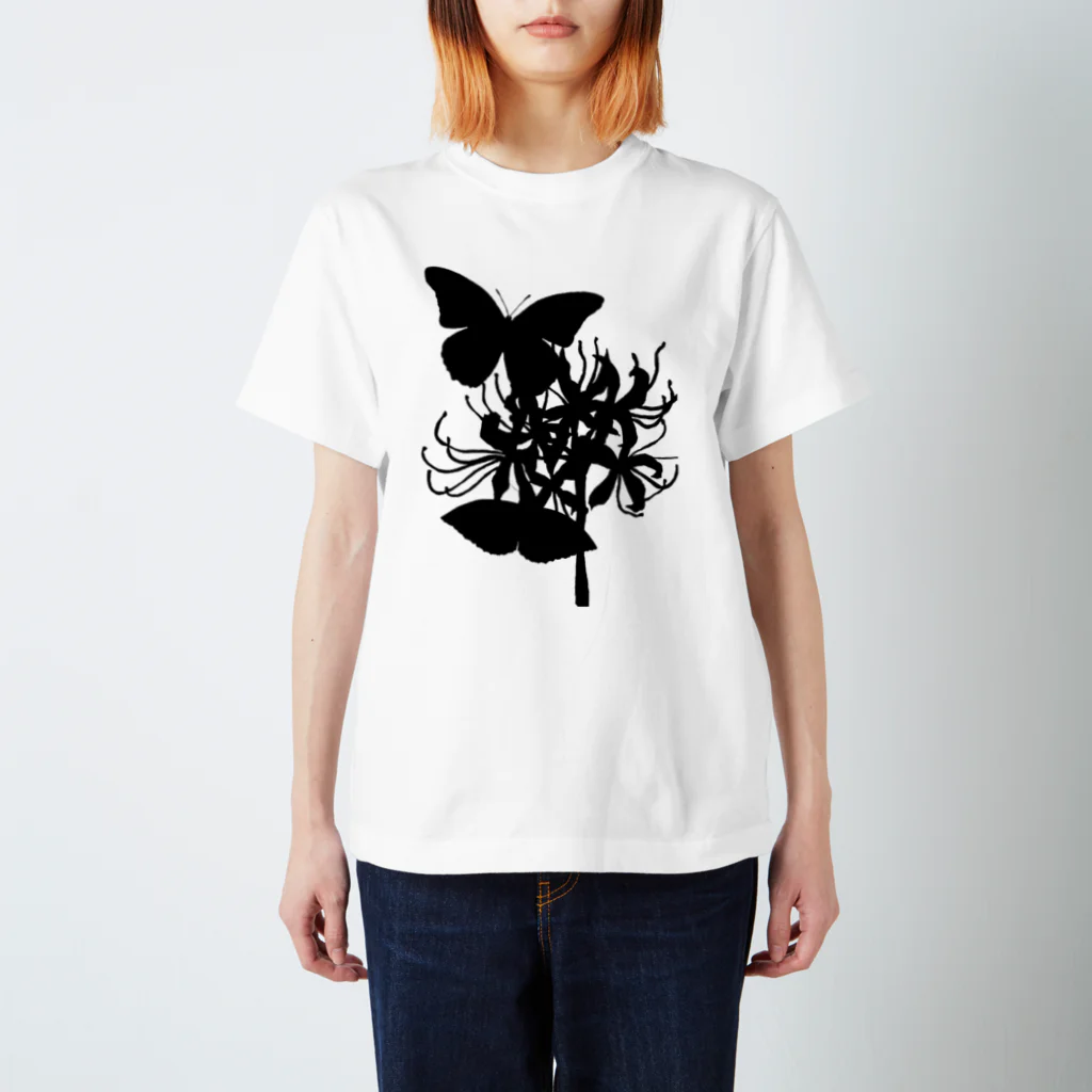 シヲの彼岸花と蝶のシルエット(黒) スタンダードTシャツ