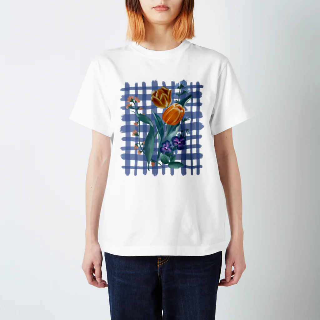 chabiのflower check/blue スタンダードTシャツ