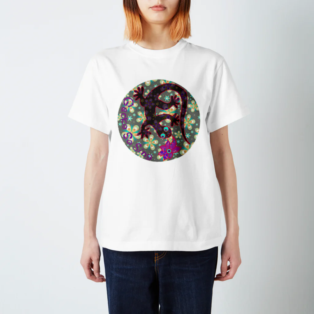 GECKO-SO-SINGの月光装身具ロゴコミカル花柄 スタンダードTシャツ
