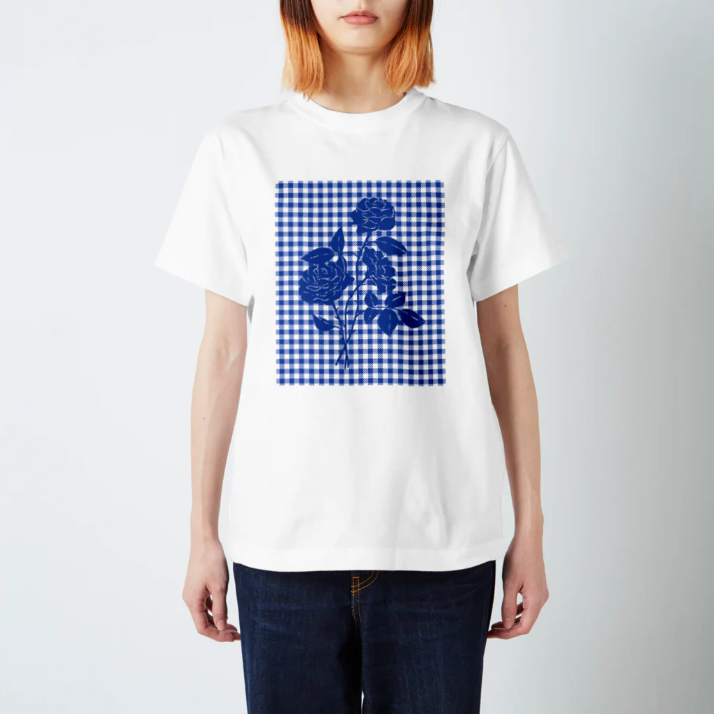 chabiのrose×gingham check/blue スタンダードTシャツ