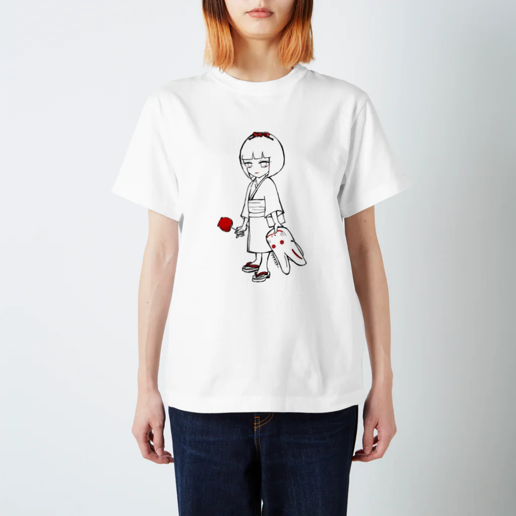 【USAGISKI】(ウサギスキー)の兎の面を持った少女 透過×赤 スタンダードTシャツ