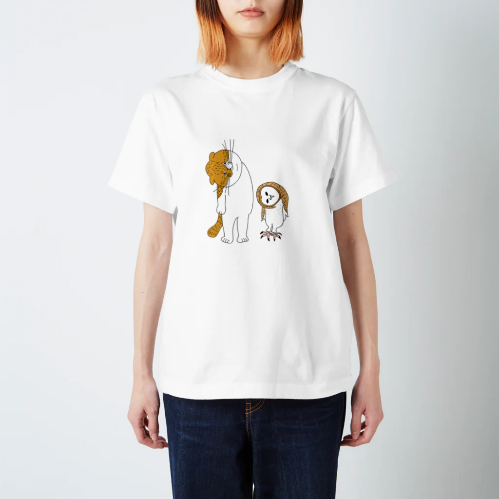 shimeji_omuのネコとメンフクロウ スタンダードTシャツ