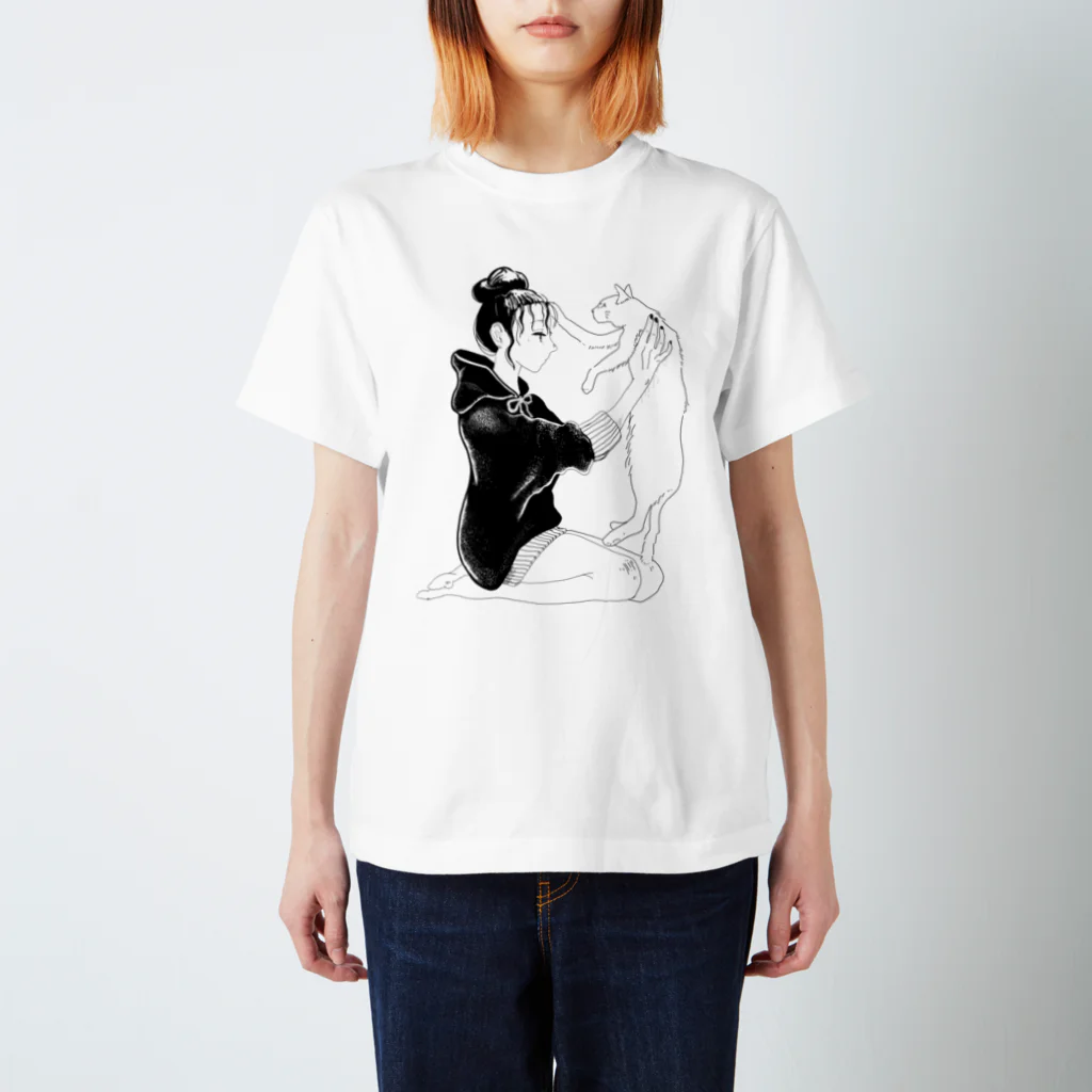 uncia graphic shopの猫と女の子(線画) 티셔츠