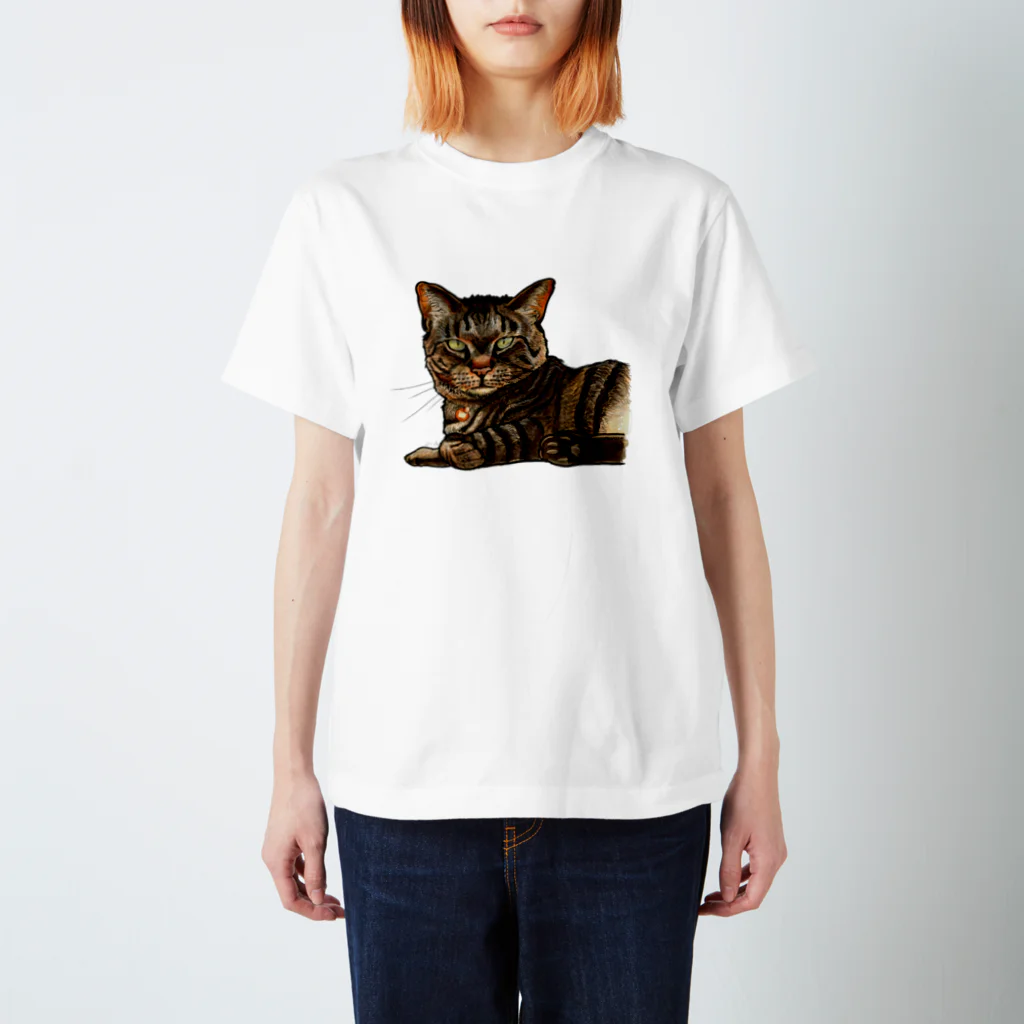 鼠の王国製作所のキジ柄の猫がこちらをみている スタンダードTシャツ