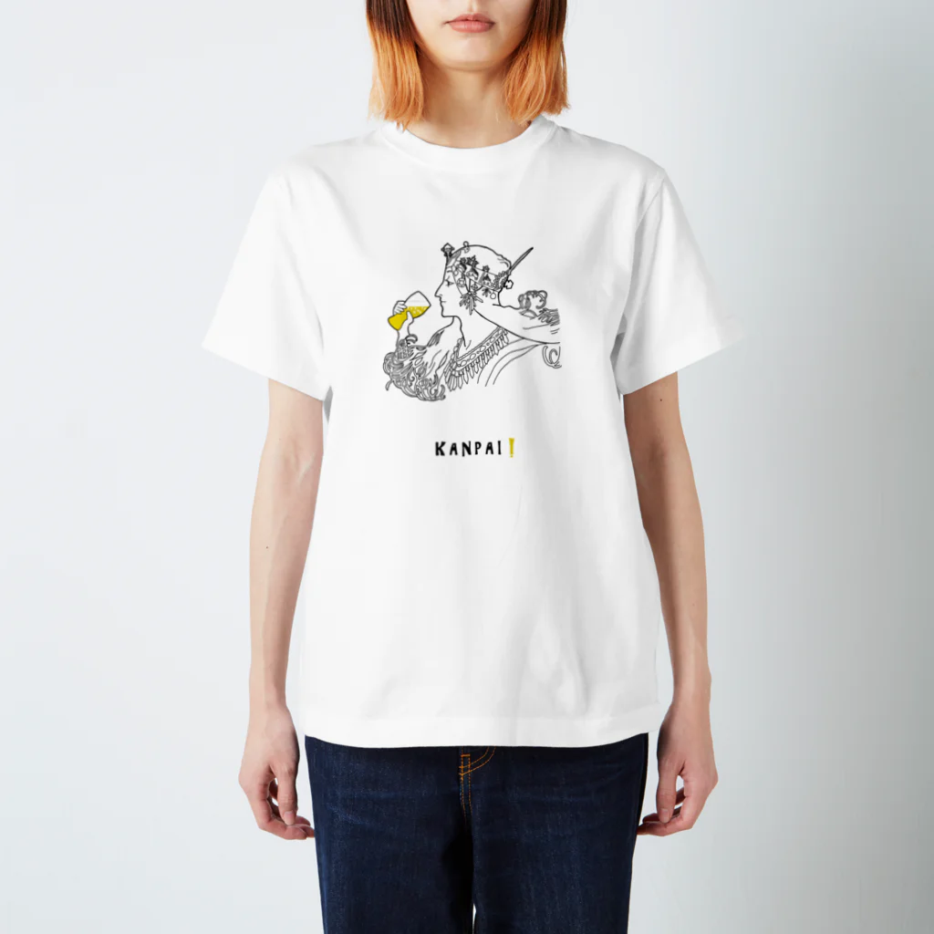 ビールとアート TM-3 Designの名画 × BEER（ミュシャ）黒線画 スタンダードTシャツ