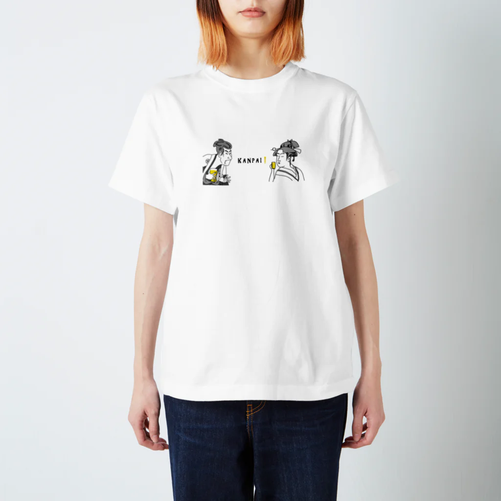 ビールとアート TM-3 Designの名画 × BEER（浮世絵男女）黒線画 スタンダードTシャツ