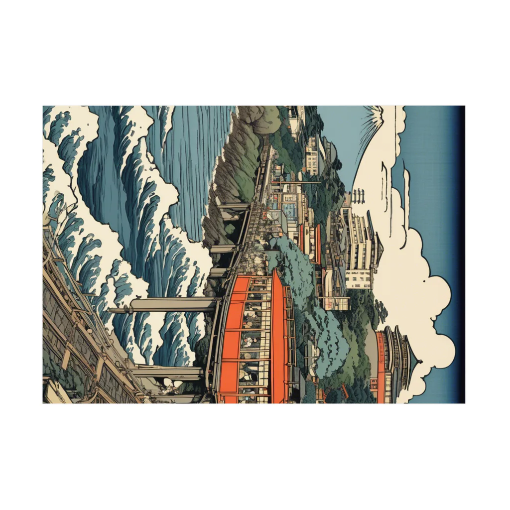 日本の風景 COOL JAPANの富士山と海と電車　Mt.Fuji and Shonan Enoden Stickable Poster :horizontal position