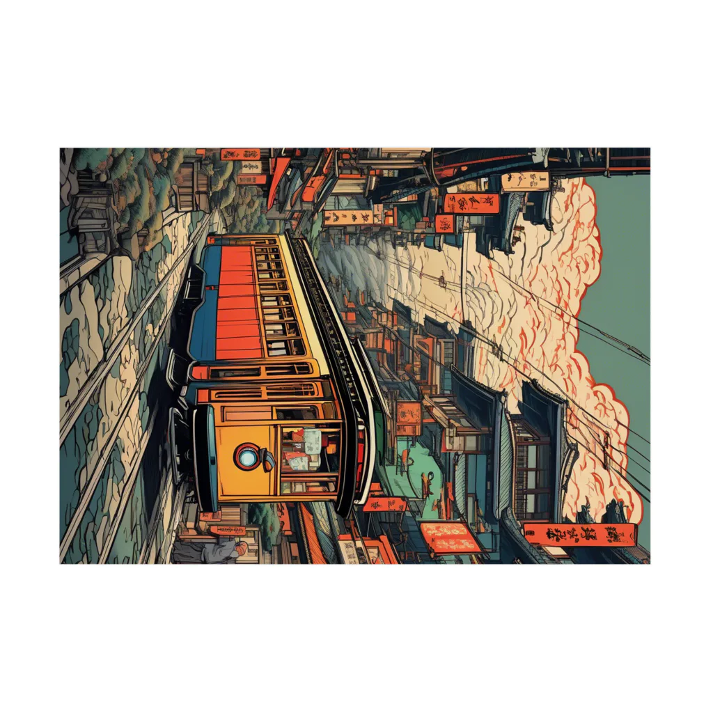 日本の風景 COOL JAPANの日本の風景:街中走る路面電車、Japanese senery:Tram in the city Stickable Poster :horizontal position