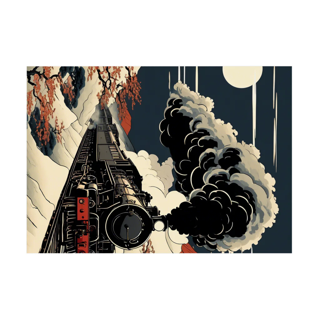 日本の風景 COOL JAPANの日本の風景:月夜のSL 蒸気機関車、Japanese senery: SL steam locomotive on a moonlit night Stickable Poster :horizontal position