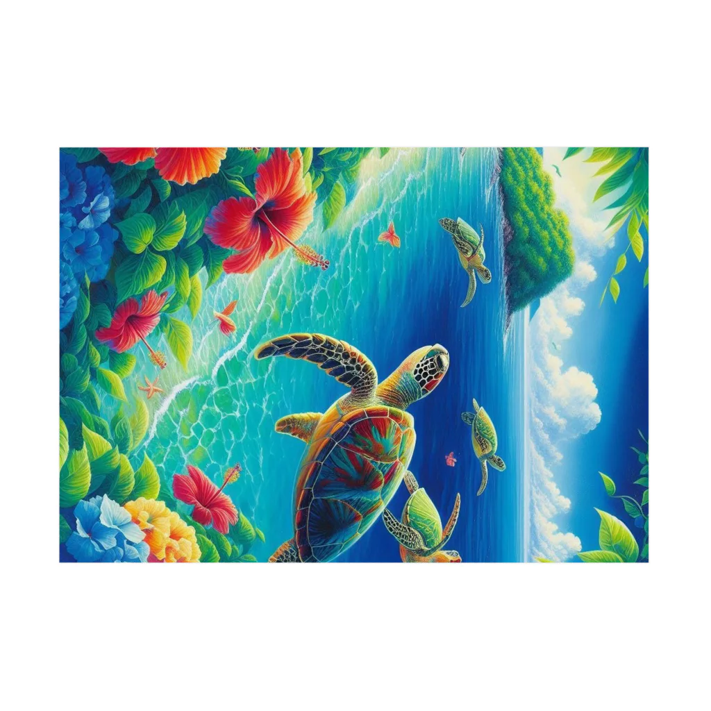 日本の風景 COOL JAPANの日本の風景:沖縄渡嘉志久ビーチの泳ぐ海がめ、Japanese scenery: Sea turtles swimming at Tokashiki Beach,Okinawa Stickable Poster :horizontal position