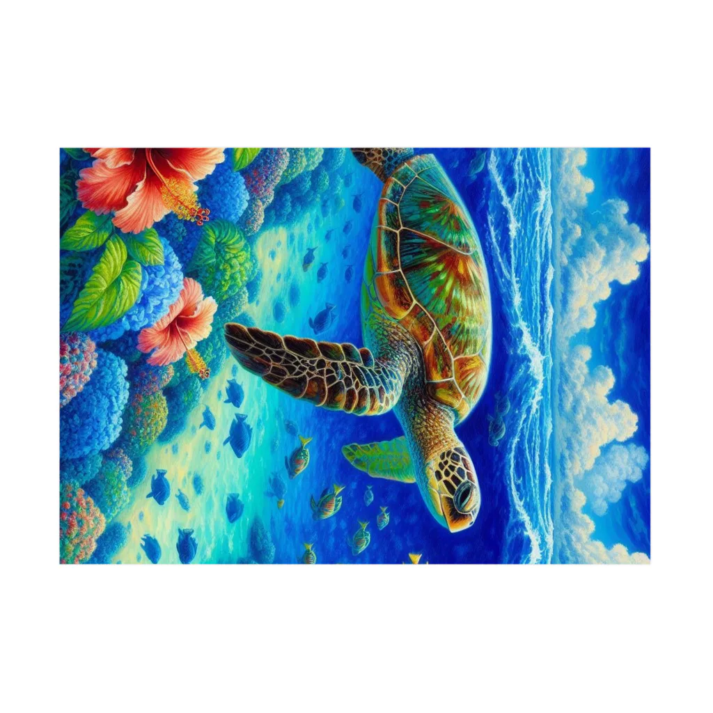 日本の風景 COOL JAPANの日本の風景:沖縄渡嘉志久ビーチの泳ぐ海がめ、Japanese scenery: Sea turtle swimming at Tokashiki Beach, Okinawa Stickable Poster :horizontal position