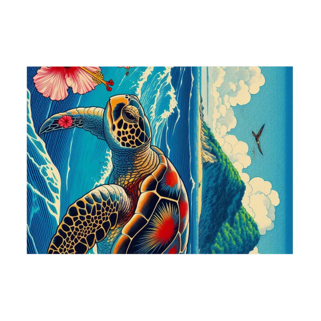 日本の風景 COOL JAPANの日本の風景:荒波にもまれる海がめ、Japanese scenery: Sea turtle caught in rough waves Stickable Poster :horizontal position