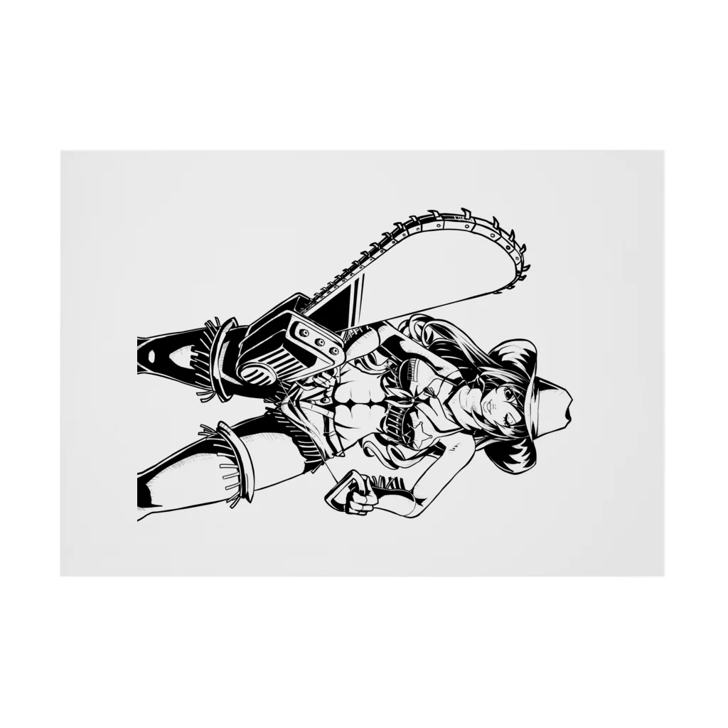 illust_designs_labのアメリカンコミック（アメコミ）風 セクシーなチェーンソーを持ったカウガール モノクロ 吸着ポスターの横向き