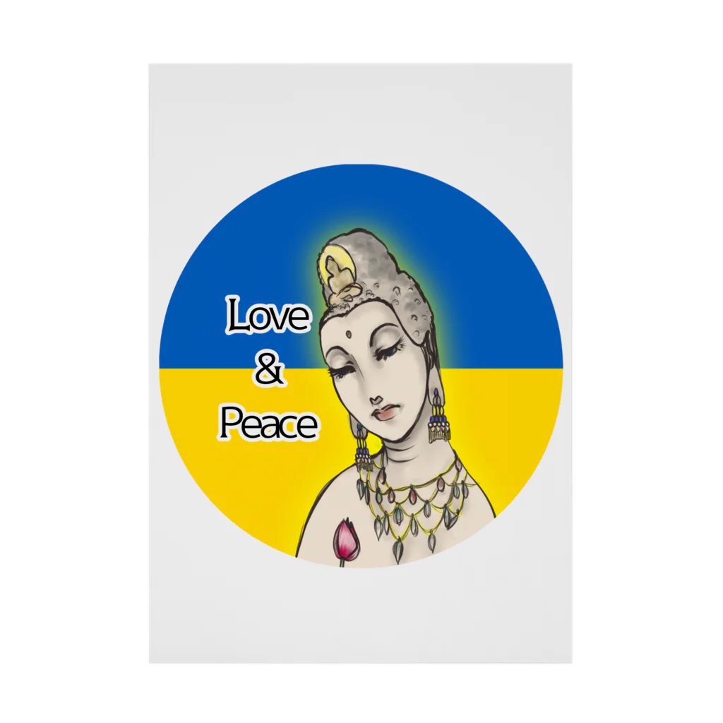諭苑のSUZURI店のLove＆Peace観世音菩薩ウクライナ国旗背景 吸着ポスター