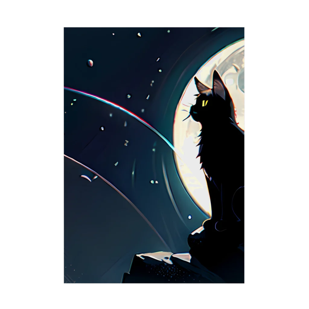 黒猫と珈琲の月夜を眺める黒猫 吸着ポスター