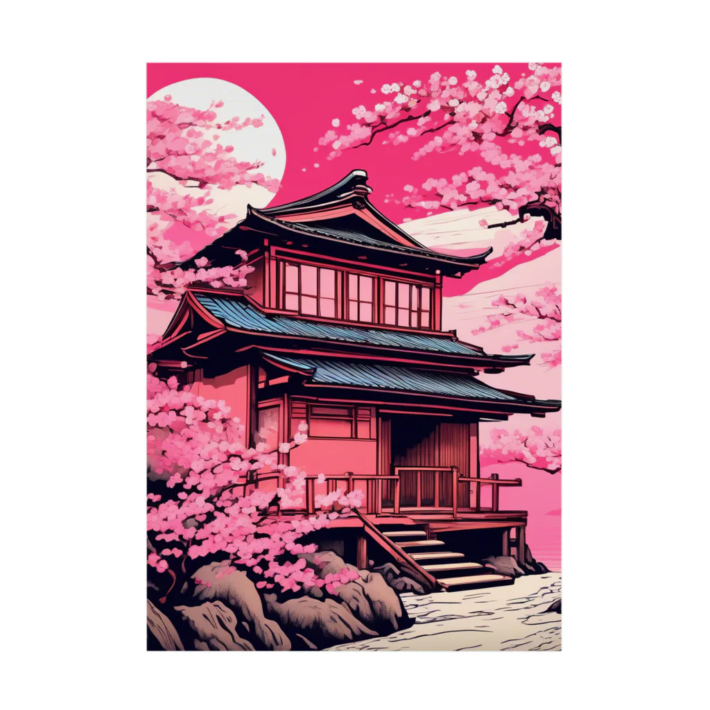 日本の風景 COOL JAPANの日本の風景　古民家と満開の桜 吸着ポスター