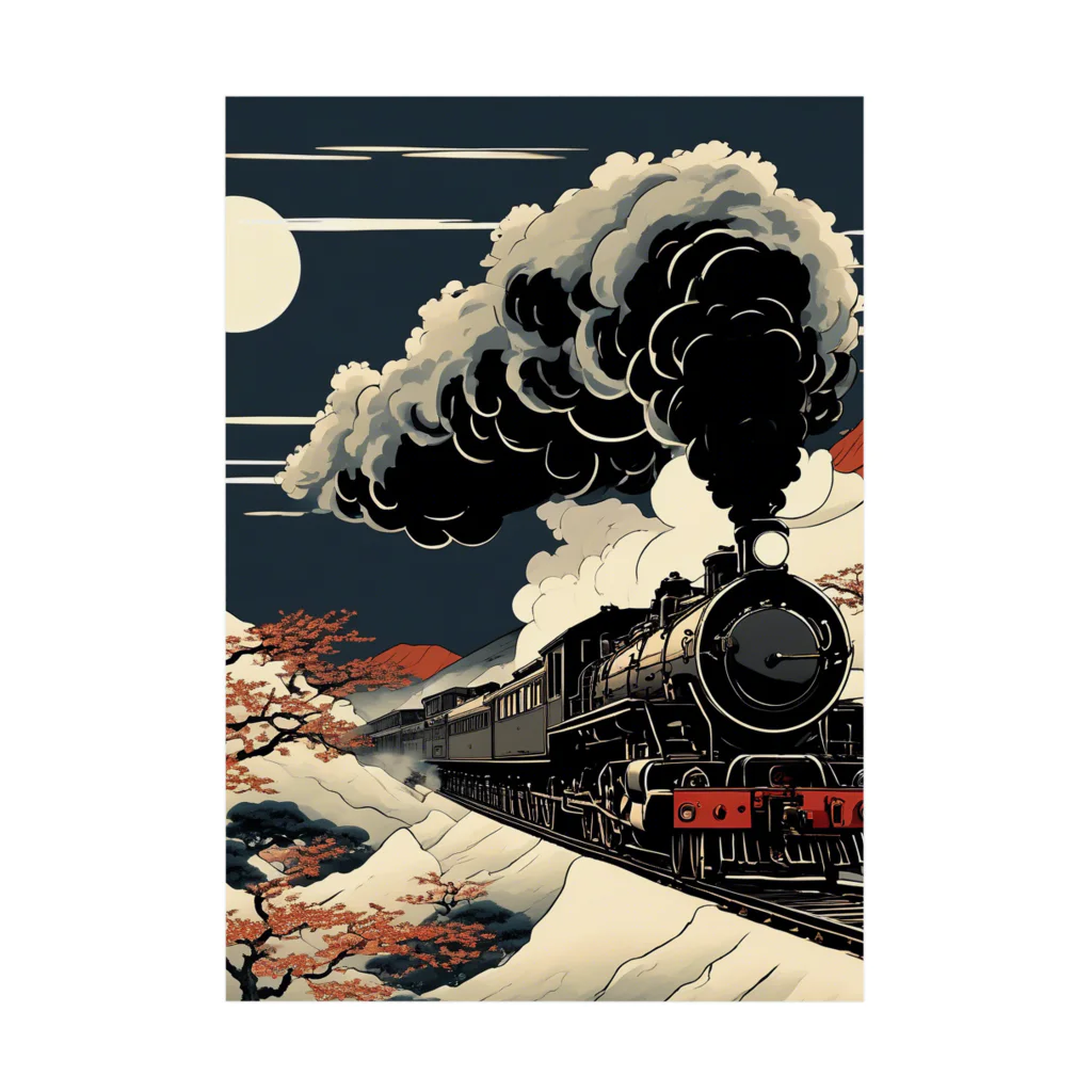 日本の風景 COOL JAPANの日本の風景:月夜のSL 蒸気機関車、Japanese senery: SL steam locomotive on a moonlit night 吸着ポスター