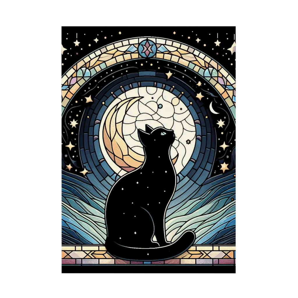 luna_neroのVetrata＊月と黒猫 ステンドグラスデザイン Stickable Poster