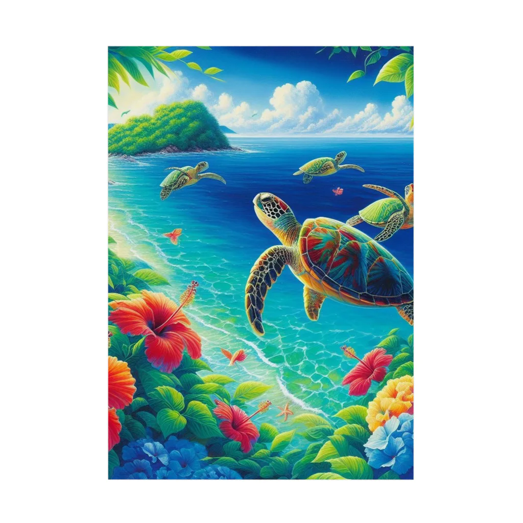 日本の風景 COOL JAPANの日本の風景:沖縄渡嘉志久ビーチの泳ぐ海がめ、Japanese scenery: Sea turtles swimming at Tokashiki Beach,Okinawa Stickable Poster
