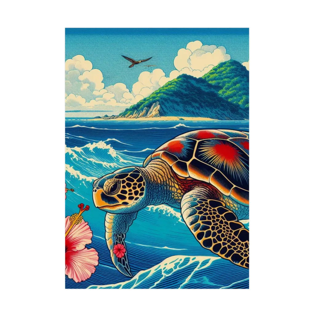 日本の風景 COOL JAPANの日本の風景:荒波にもまれる海がめ、Japanese scenery: Sea turtle caught in rough waves Stickable Poster