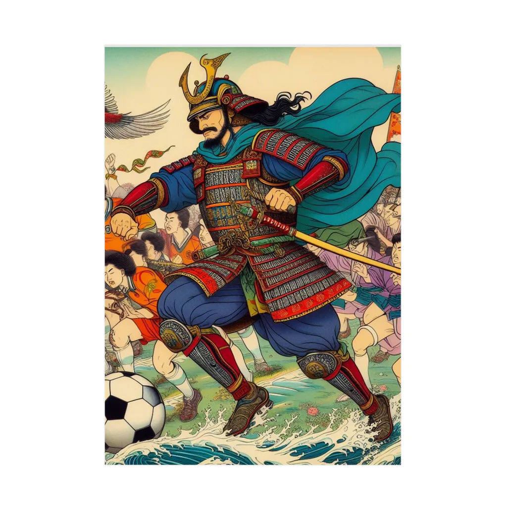 日本の風景 COOL JAPANの日本の昔と今が混在した光景:サッカーに興じる戦国武将、Japanesescenery:Sengoku warlords enjoying soccer Stickable Poster