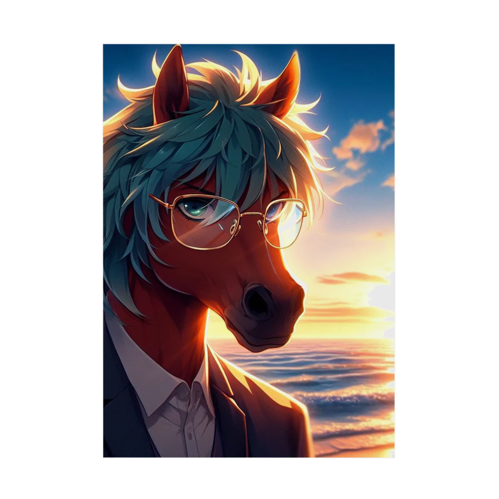ひよっこなボスの弁護士の馬、夕焼けの浜辺で自撮りする Stickable Poster