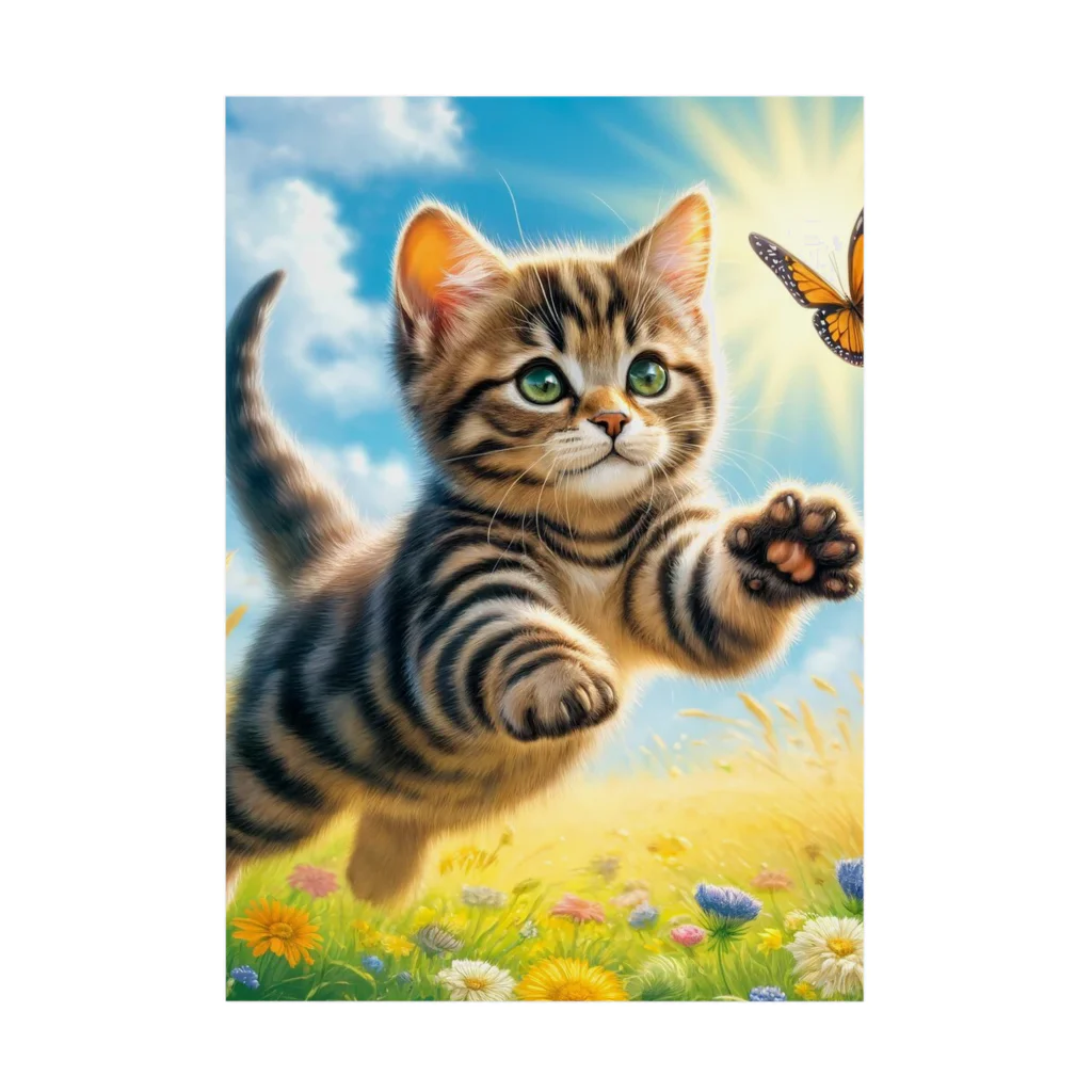 こいびとみち【恋愛♡婚活クリニック】の草原を駆け回る茶とら猫と舞う蝶々 Stickable Poster