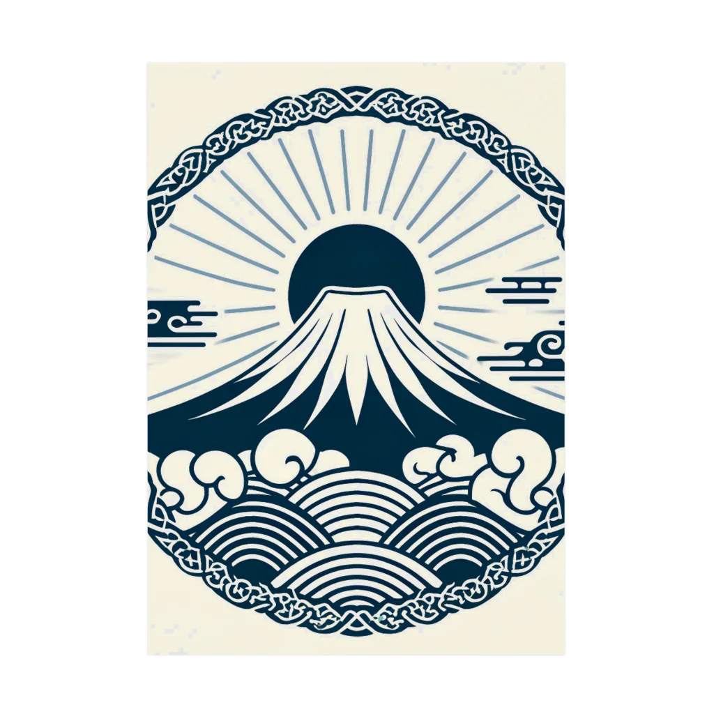 Cool Japanese CultureのMinimalist Traditional Japanese Motif Featuring Mount Fuji and Seigaiha Patterns 吸着ポスター