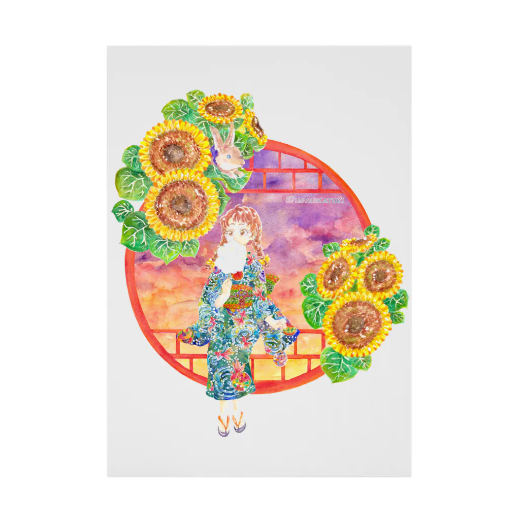 星架月の「窓際の夏」夕焼け・向日葵縁・浴衣の女の子 Stickable Poster