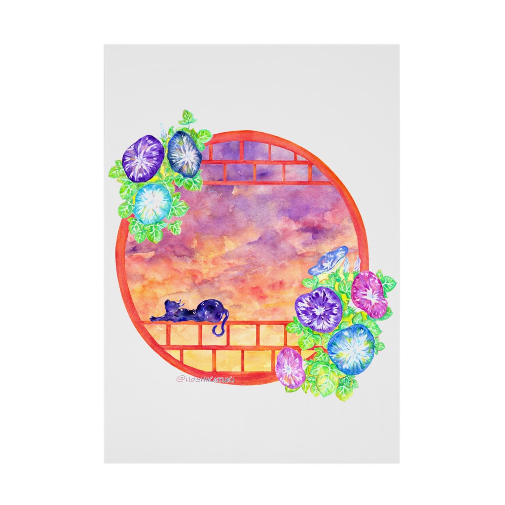 星架月の「窓際の夏」夕焼け・朝顔縁・ネコ Stickable Poster