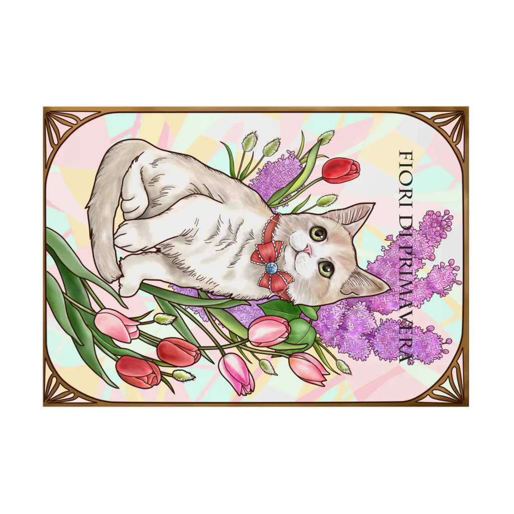 Ａｔｅｌｉｅｒ　Ｈｅｕｒｅｕｘの春の花々と猫　Fiori di Primavera Ⅲ Stickable Poster :horizontal position