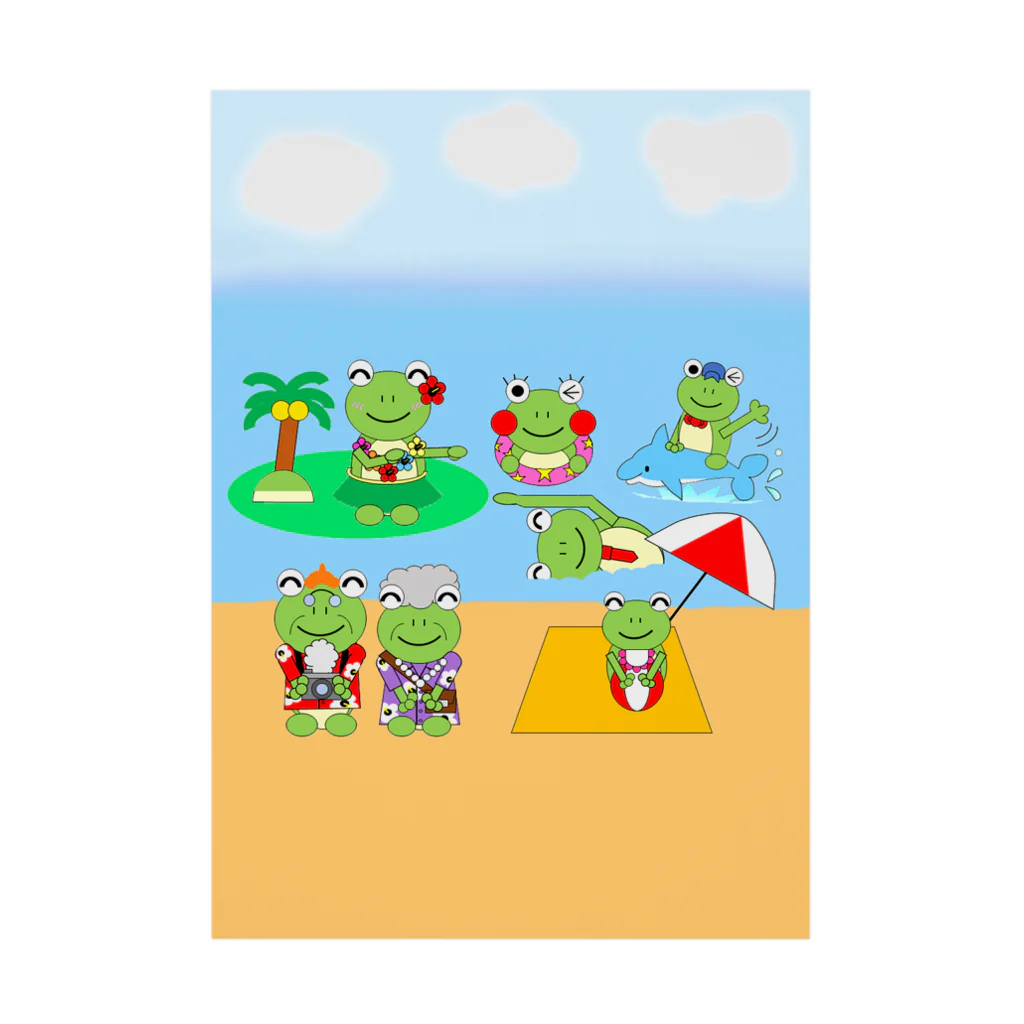 🐸かえるさんと仲間たち🐸の海へ家族旅行のかえるさん一家 吸着ポスター