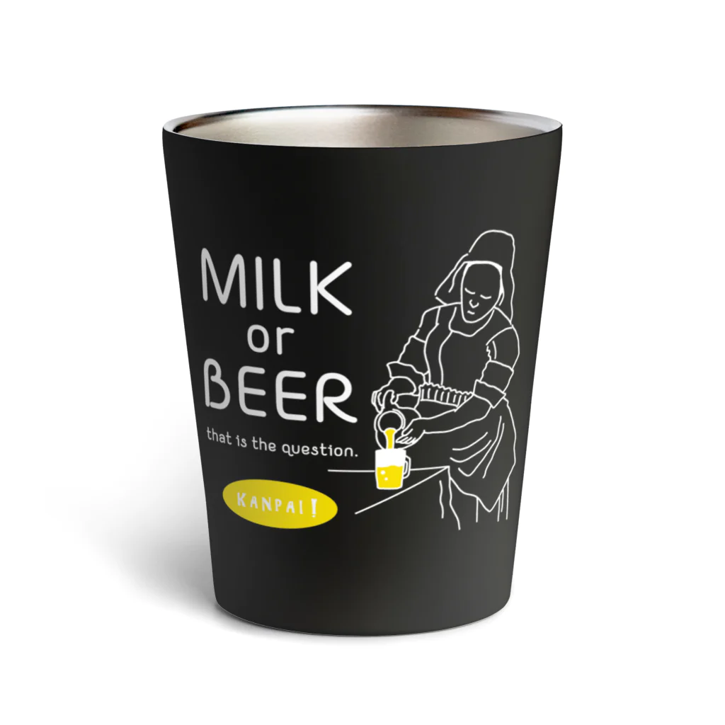 ビールとアート TM-3 Designの名画 × BEER（牛乳を注ぐ女・牛乳かビールか、それが問題だ。）白線画 サーモタンブラー