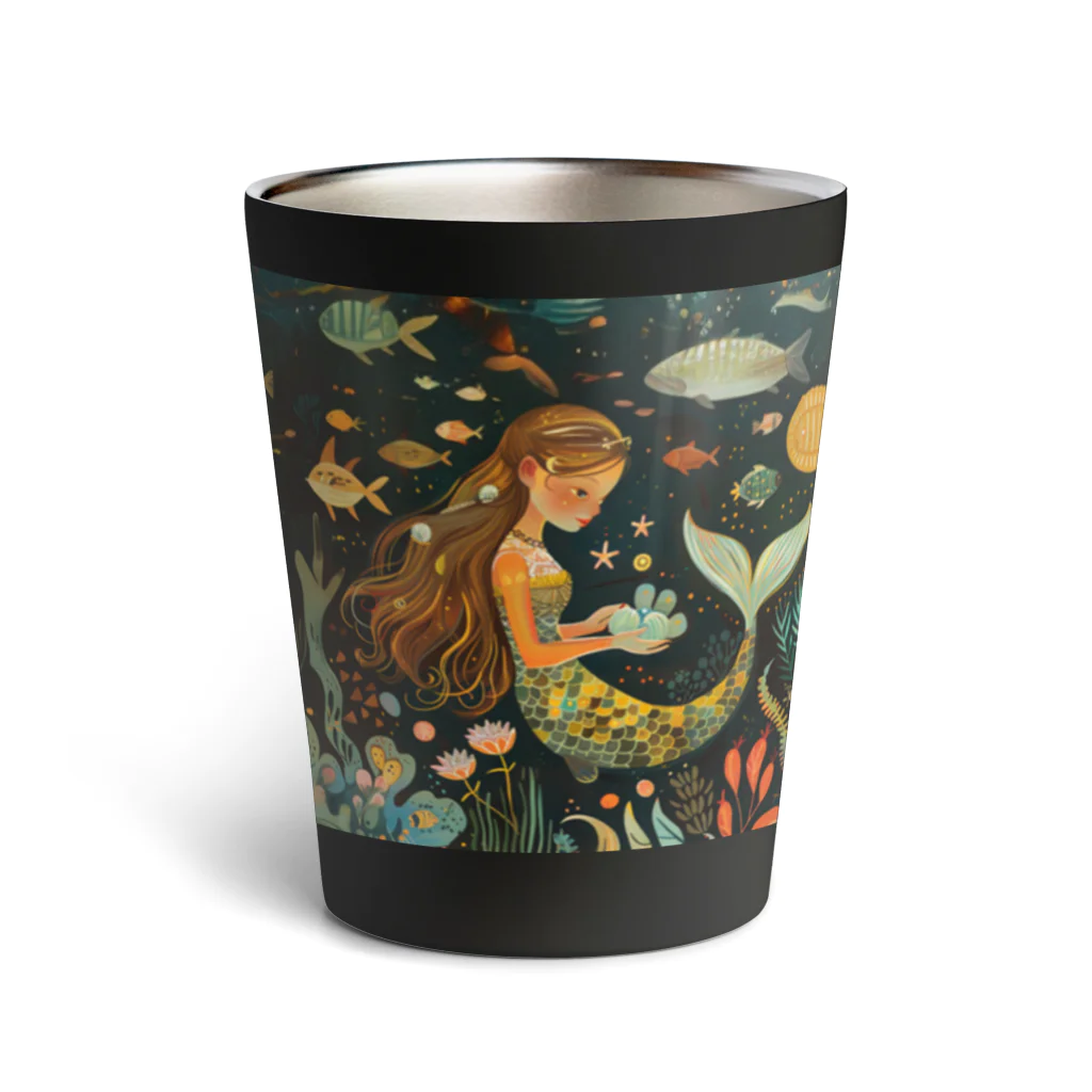 人魚堂の宝石を眺める人魚のサーモスタンブラー Thermos tumbler with mermaid gazing at jewels. サーモタンブラー