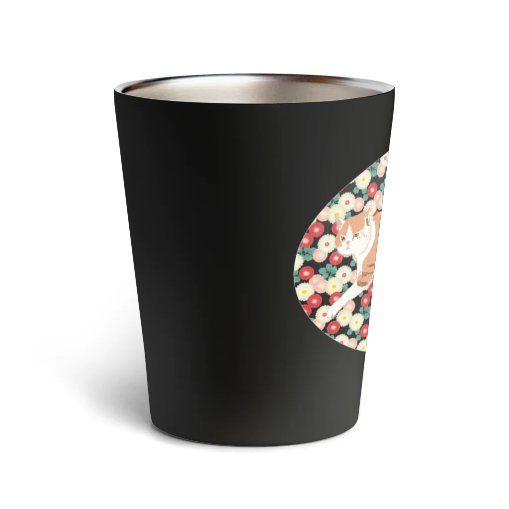 小鳥と映画館の花柄の猫 Thermo Tumbler