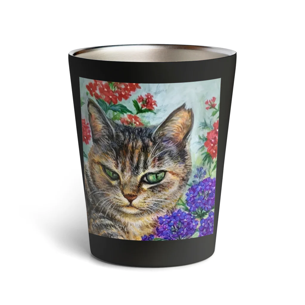 ミケとキジシロの麦わら猫とバーベナ Thermo Tumbler