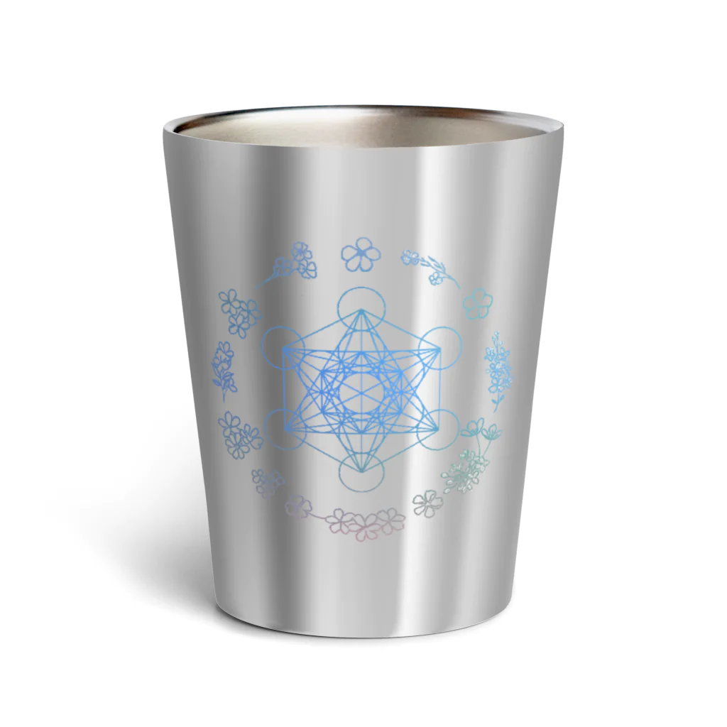 Metatron’s Cube Cosmosのメタトロンキューブ神聖幾何学と優しいパステルカラーの花のリース Thermo Tumbler